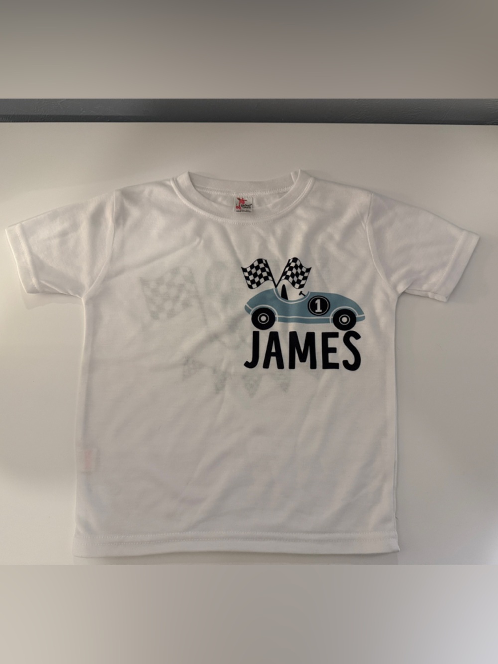 James Personalized Race Car Tee - White with Blue Graphic - NEW